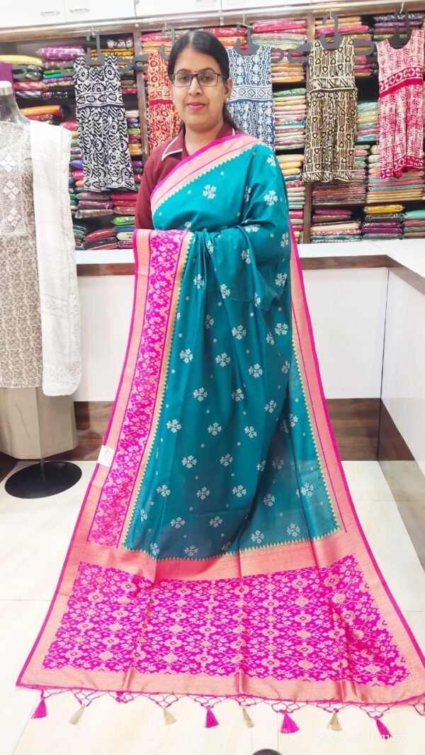 Peacock Blue Patola Half Silk Saree