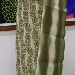 White and Green Cotton Dress Material